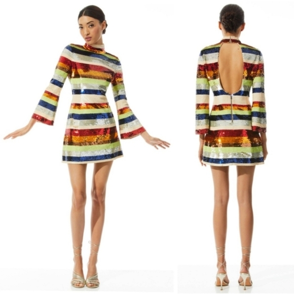 Alice + Olivia Mailynn Sequin Striped Multicolored Mini Dress SIZE 12 NWT $985 - Picture 4 of 16